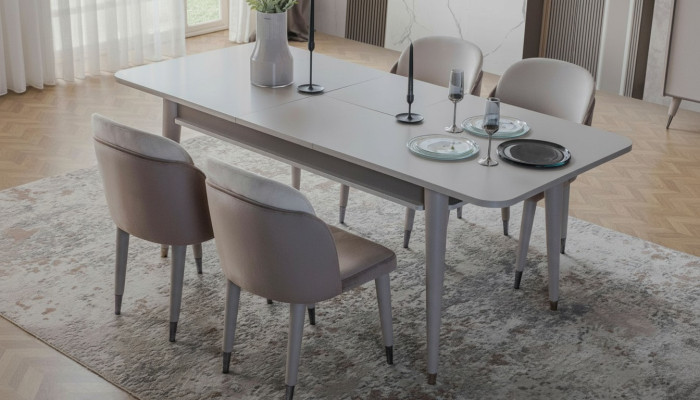 Ylellinen avattava pöytä, design moderni ruokailuhuone, tekstiilityyliset tuolit