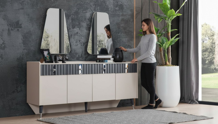Kokonainen Designeri-beige Tarjoilukaappi Sivukaappi 2x Peili 3-osainen Sarja