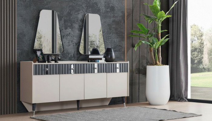 Kokonainen Designeri-beige Tarjoilukaappi Sivukaappi 2x Peili 3-osainen Sarja