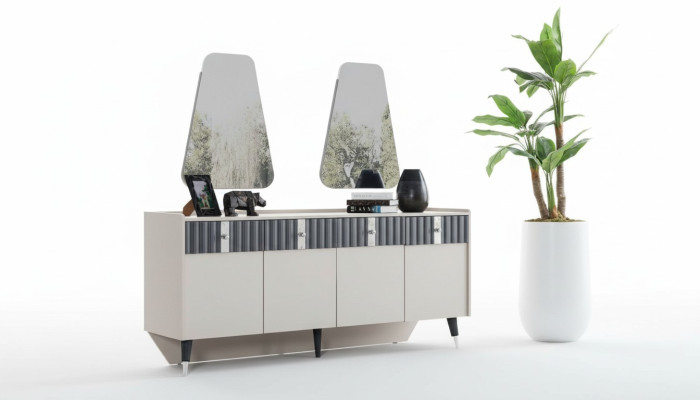 Kokonainen Designeri-beige Tarjoilukaappi Sivukaappi 2x Peili 3-osainen Sarja