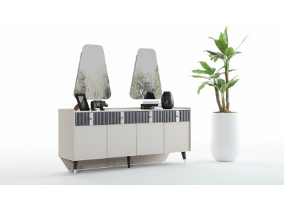 Kokonainen Designeri-beige Tarjoilukaappi Sivukaappi 2x Peili 3-osainen Sarja