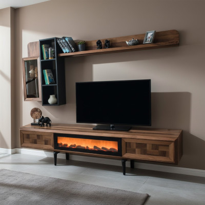 Braune Wohnzimmer Wandgarnitur Designer TV-Ständer RTV Holz Regale LED
