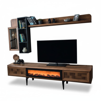 Braune Wohnzimmer Wandgarnitur Designer TV-Ständer RTV Holz Regale LED