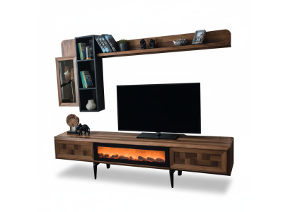 Braune Wohnzimmer Wandgarnitur Designer TV-Ständer RTV Holz Regale LED