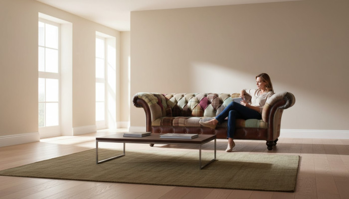 Värikäs muotoilijasohva Chesterfield-tyylissä kolmelle istuimelle