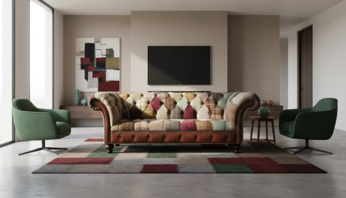 Värikäs muotoilijasohva Chesterfield-tyylissä kolmelle istuimelle