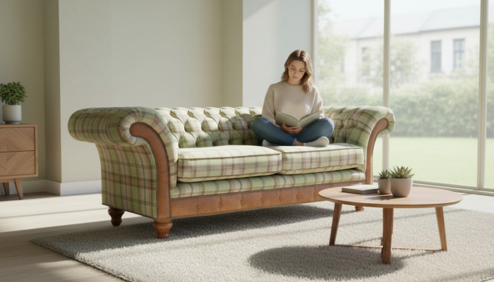 Ylellinen muotoilijasohva Chesterfield-tyylissä kolmelle istuimelle