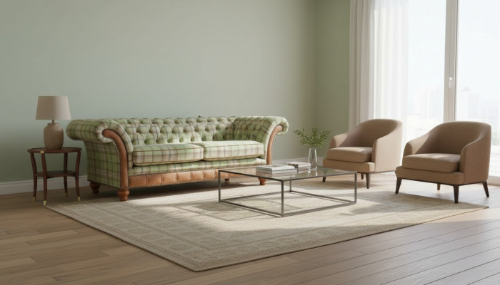 Ylellinen muotoilijasohva Chesterfield-tyylissä kolmelle istuimelle