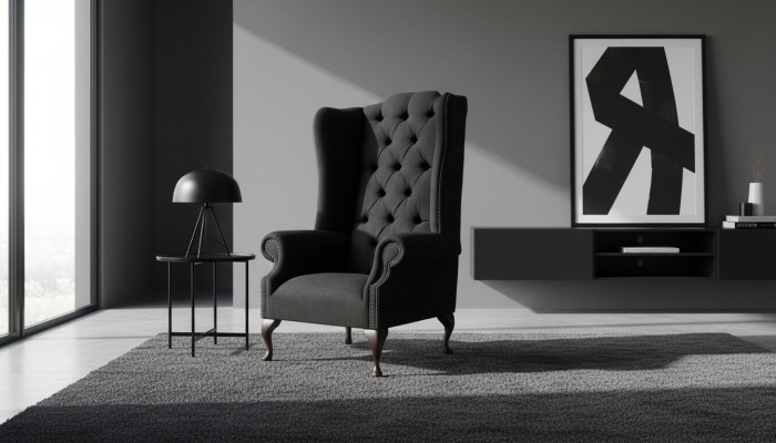 Korvatuoli Tuoli Istuin Musta Design Pehmuste Chesterfield Tekstiili Uusi