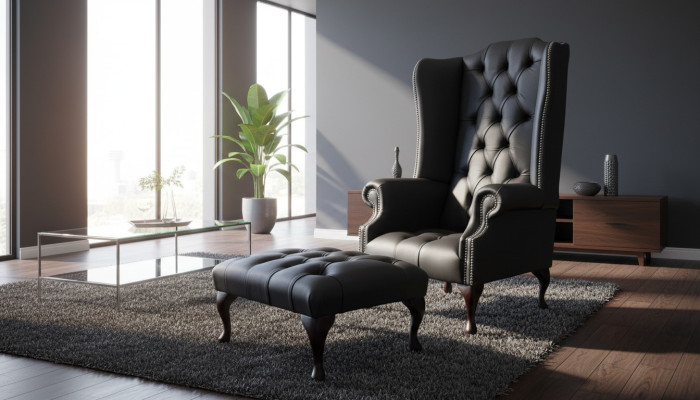 Istuin jakkaran kanssa, suunnittelijan pehmustettu nojatuoli Chesterfield, korvatuelta uutuus.