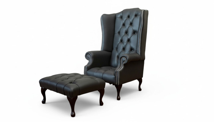 Istuin jakkaran kanssa, suunnittelijan pehmustettu nojatuoli Chesterfield, korvatuelta uutuus.