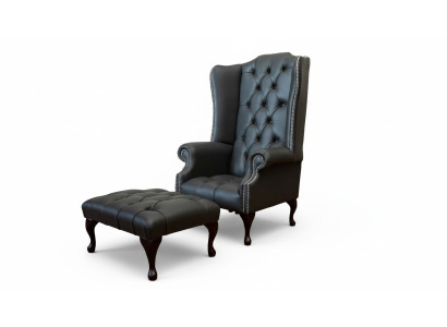 Istuin jakkaran kanssa, suunnittelijan pehmustettu nojatuoli Chesterfield, korvatuelta uutuus.