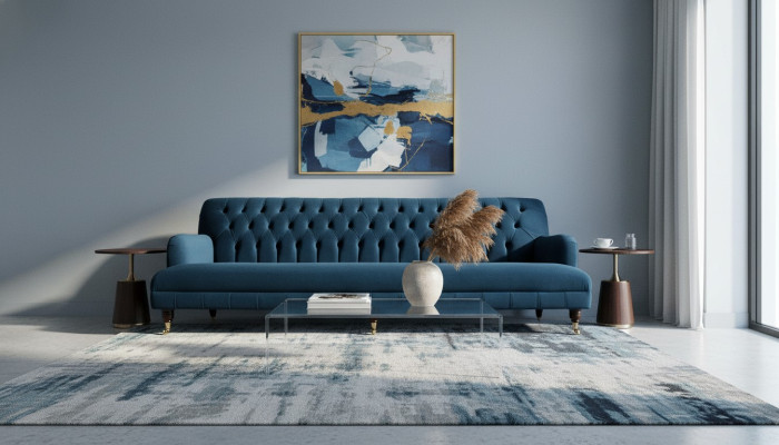 Ylellinen muotoilijasohva Chesterfield-tyylissä neljällä istuinpaikalla sinisessä väriä