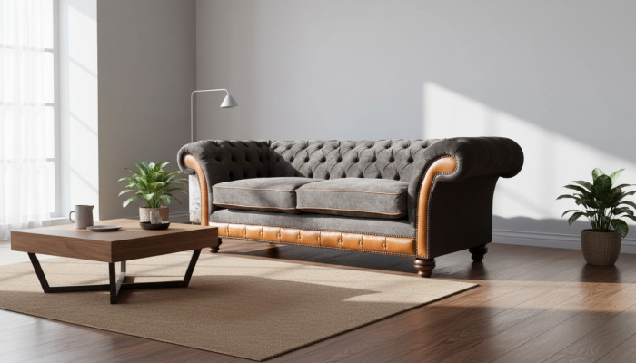 Chesterfield-sohva 3-istuttava design-sohva kangaspäällysteinen harmaa