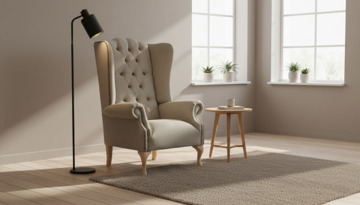 Harmaa korvatrukki Chesterfield-tyylinen tekstiilityynyliike olohuoneeseen