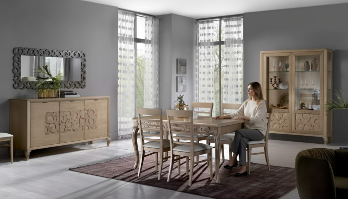 Design-ruokailuryhmä Ruokapöytä 8-osainen Puu-huonekalu Lipasto 4x Tuoli Uusi