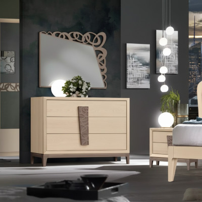 Makuuhuoneen sarja Luxury lipasto peili design huonekalut beige 3 osaa puu