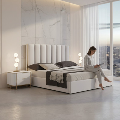 Makuuhuoneen sarja, luxus-sänky, 2x yöpöytää, design uusi valkoinen, 3-osainen moderni