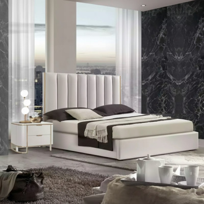 Makuuhuoneen sarja, luxus-sänky, 2x yöpöytää, design uusi valkoinen, 3-osainen moderni