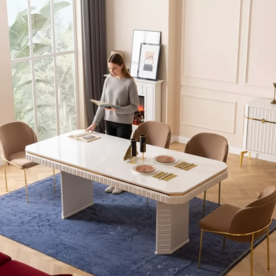 Ruokailuhuone ruokapöytä 6x tuoli beige kalustus 7-osainen luxus puu huonekalut