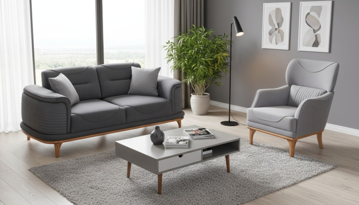 Modernes graues 2-teiliges Wohnzimmerset Dreisitzer-Sofa und Sessel