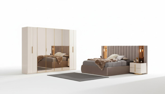 Beige makuuhuonekalustus, suunnittelijan sänky, vaatekaappi, 2x yöpöytää