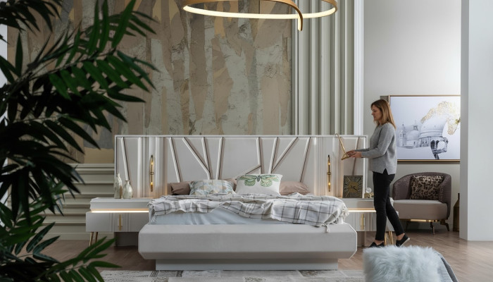 Makuuhuoneen sarja Luxury Kokonainen sänky + 2x yöpöytää 3-osainen moderni sarja