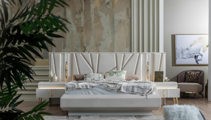 Makuuhuoneen sarja Luxury Kokonainen sänky + 2x yöpöytää 3-osainen moderni sarja