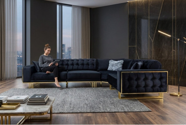 Eksklusiivinen moderni L-muotoinen kulmasohva designer-tyylisessä olohuoneen kulma-istuimistossa