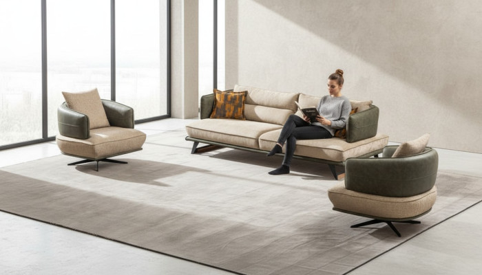 Olohuoneen moderni sohvasarja, designer-sohva, istuinverkko, 3-paikkainen sohva, 2x nojatuoli.