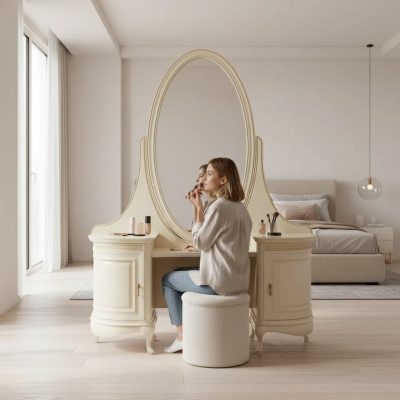 Meikkipöytä peili makuuhuone luxuskaluste beige konsoli sivupöytä pöytä