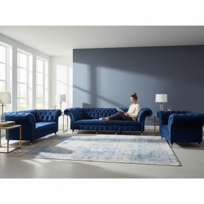 Olohuoneen 3-osainen Chesterfield sininen tekstiili luxury sohvat design sisustus
