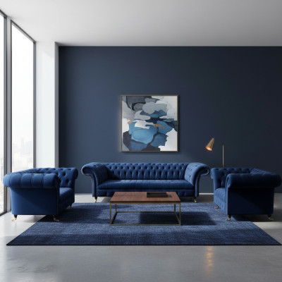 Olohuoneen 3-osainen Chesterfield sininen tekstiili luxury sohvat design sisustus