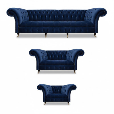 Olohuoneen 3-osainen Chesterfield sininen tekstiili luxury sohvat design sisustus