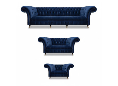 Olohuoneen 3-osainen Chesterfield sininen tekstiili luxury sohvat design sisustus