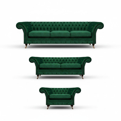 Chesterfield sohvakalusto 3-osainen pehmustemöbelit vihreä sisustus olohuone 3+2+1