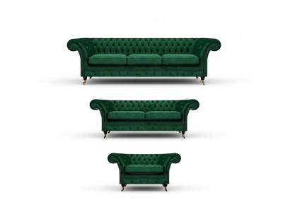 Chesterfield sohvakalusto 3-osainen pehmustemöbelit vihreä sisustus olohuone 3+2+1