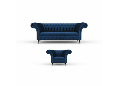 Sininen Chesterfield-sisustustyyny, suunnittelija kolmi-istuttava, kankaasta, 2 osaa, huonekalut