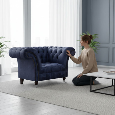 Tummansininen Chesterfield Single -Seaterin olohuoneen tekstiilien verhoilu Nojatuoli uusi