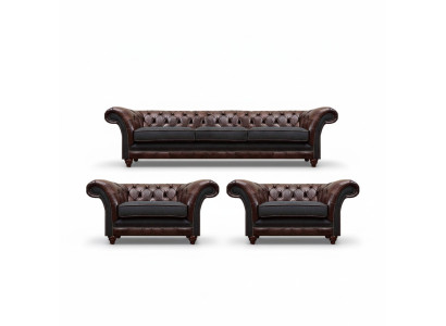 Braun-Harmaa Chesterfield Istuinryhmä 2x Nahkatuoli Kolmipaikkainen 3-osainen Setti
