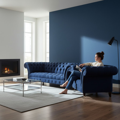 Sininen sohva Carnitur Chesterfield Textile Sohva Kolmejalkainen kaksi