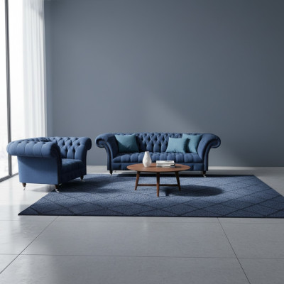 Sininen sohva Carnitur Chesterfield Textile Sohva Kolmejalkainen kaksi