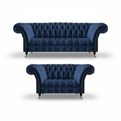 Sininen sohva Carnitur Chesterfield Textile Sohva Kolmejalkainen kaksi