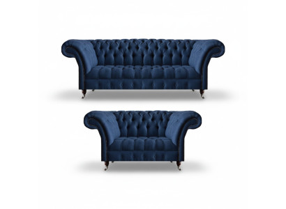 Sininen sohva Carnitur Chesterfield Textile Sohva Kolmejalkainen kaksi
