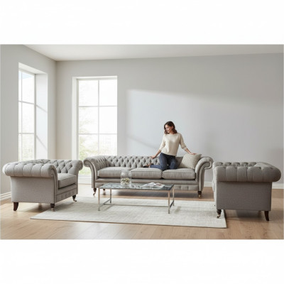 Moderni Chesterfield -istuinsarja tekstiilisohva nojatuolia verhoiltu huonekalut 3TLG