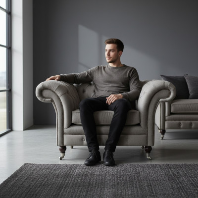 Moderner Chesterfield Einsitzer Wohnzimmer Designer Sessel Textil Möbel