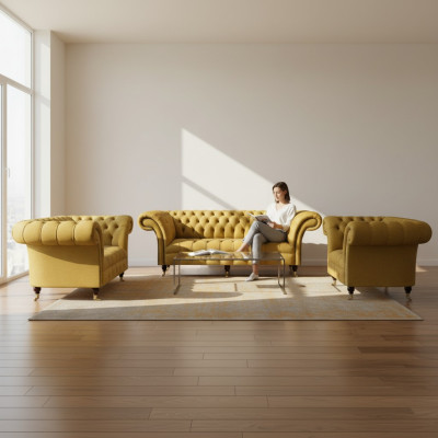 Noble Yellow Chesterfield asetti verhoilun huonekalut Textile -sohvat 3TLG -sarja