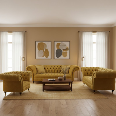 Noble Yellow Chesterfield asetti verhoilun huonekalut Textile -sohvat 3TLG -sarja