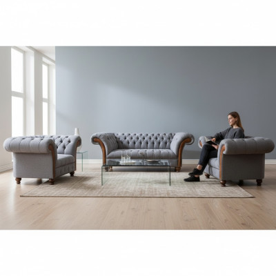 Vaaleanharmaa chesterfield ylellinen koriste olohuone 3-paikkainen sohva nojatuoli