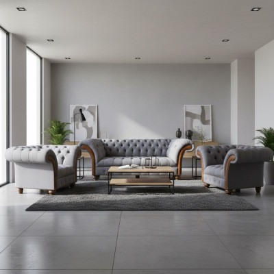 Vaaleanharmaa chesterfield ylellinen koriste olohuone 3-paikkainen sohva nojatuoli
